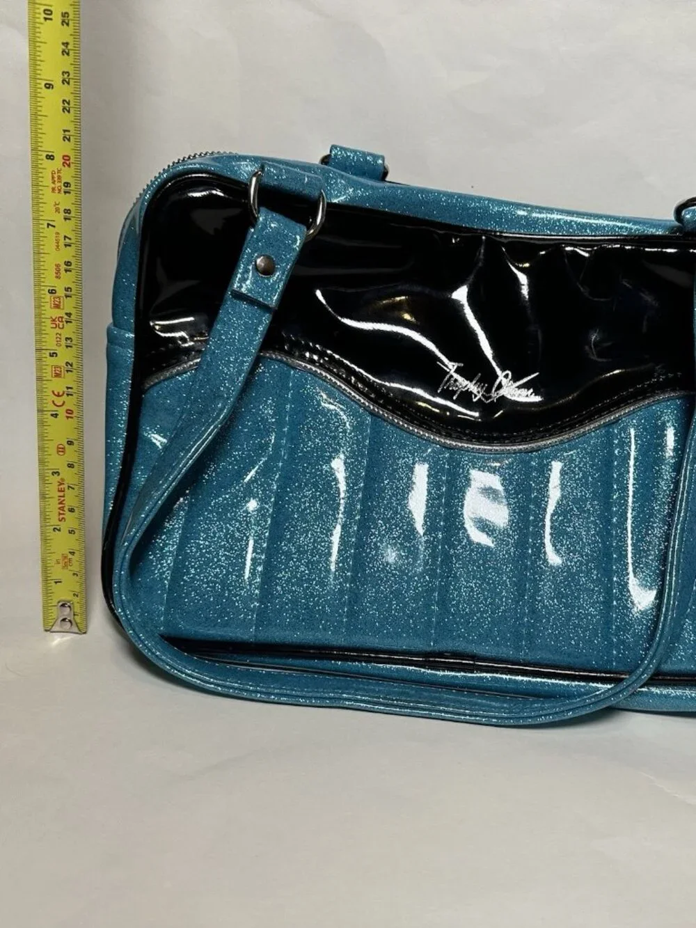 OOAK Trophy Queen Tuck and Roll Tote Blue Black Leopard Print Leather Hot Rod - Picture 12 of 13